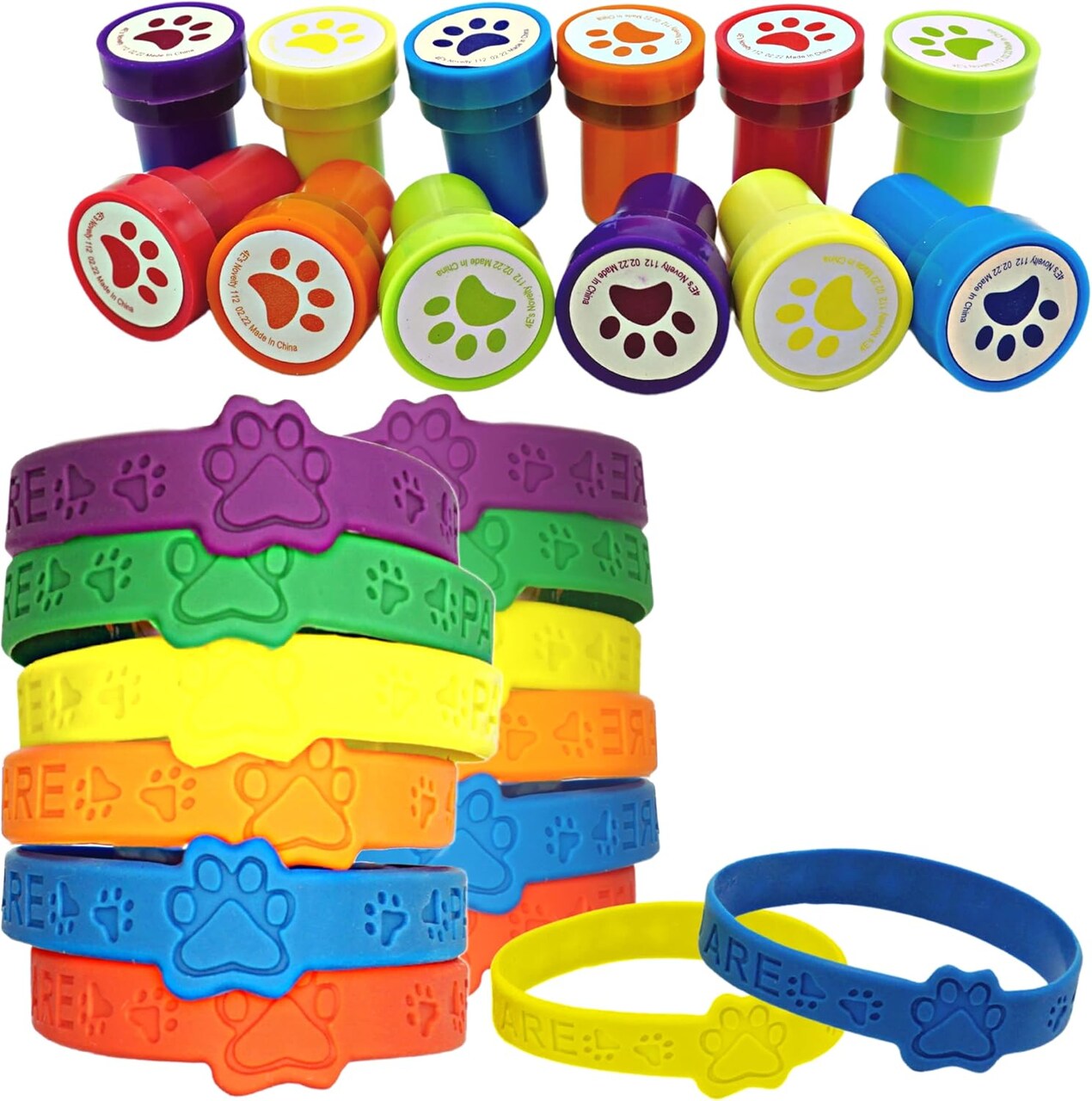 4E's Novelty Paw Print Party Favors – 24 Paw Print Bracelets Bulk & 24 Paw Print Stamp for Kids!